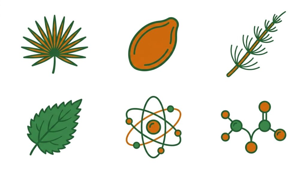 ilustración flat de ingredientes naturales con evidencia científica contra la calvicie masculina