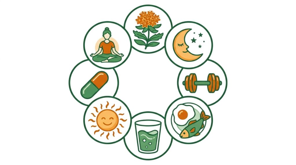 Remedios para el Cansancio Físico y Mental: 8 Naturales 4 ilustración flat con los 8 remedios naturales más efectivos para el cansancio físico y mental
