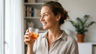 mujer madura con piel saludable sosteniendo un vaso de Collagen Select