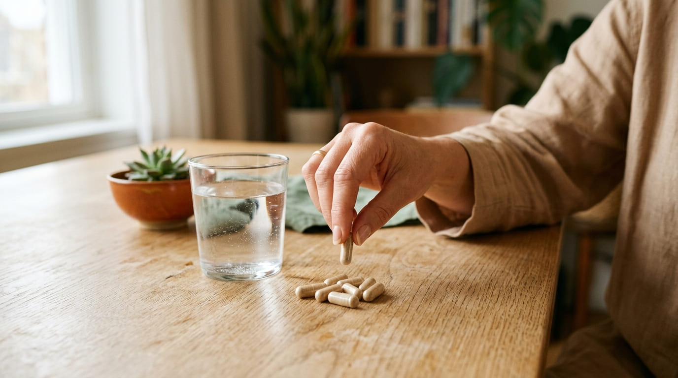 cápsulas de biotina junto a un vaso de agua sobre una mesa, representando la dosis diaria usada en los estudios