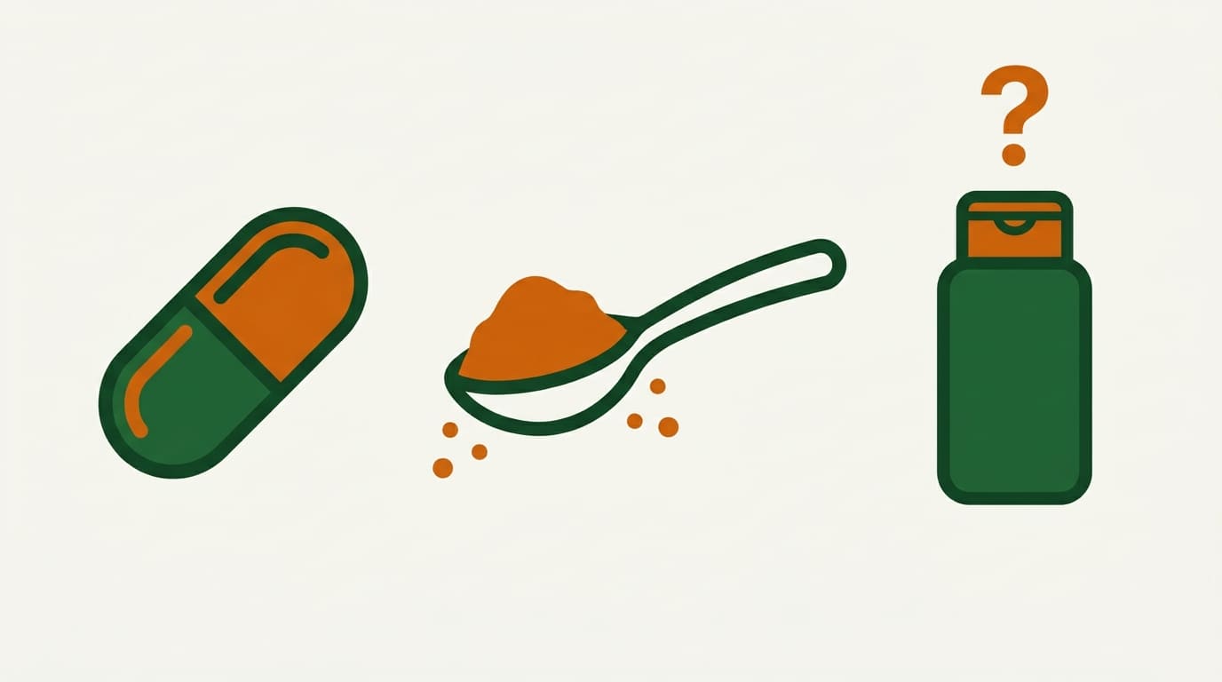ilustración de tres íconos: una cápsula, una cucharada de polvo y una botella de shampoo con un signo de interrogación naranja